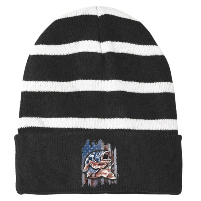 Patriotic Fishing 4th of July  Amercian Flag Bass Fishing Striped Beanie with Solid Band