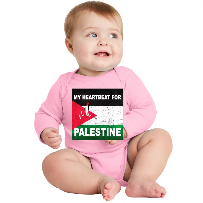 Palestine Flag And Map In My Heartbeat Baby Long Sleeve Bodysuit