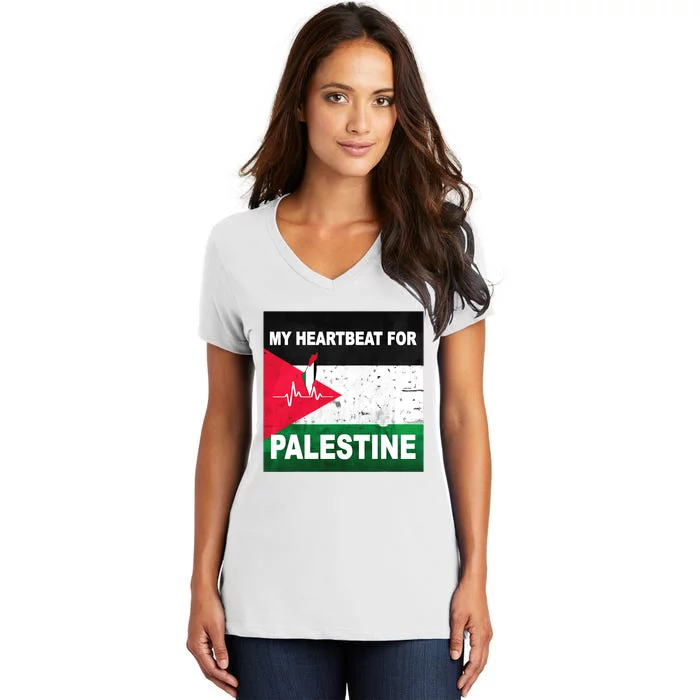 Palestine Flag And Map In My Heartbeat Women's V-Neck T-Shirt