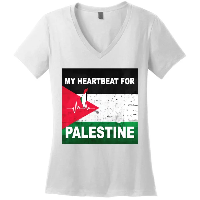 Palestine Flag And Map In My Heartbeat Women's V-Neck T-Shirt