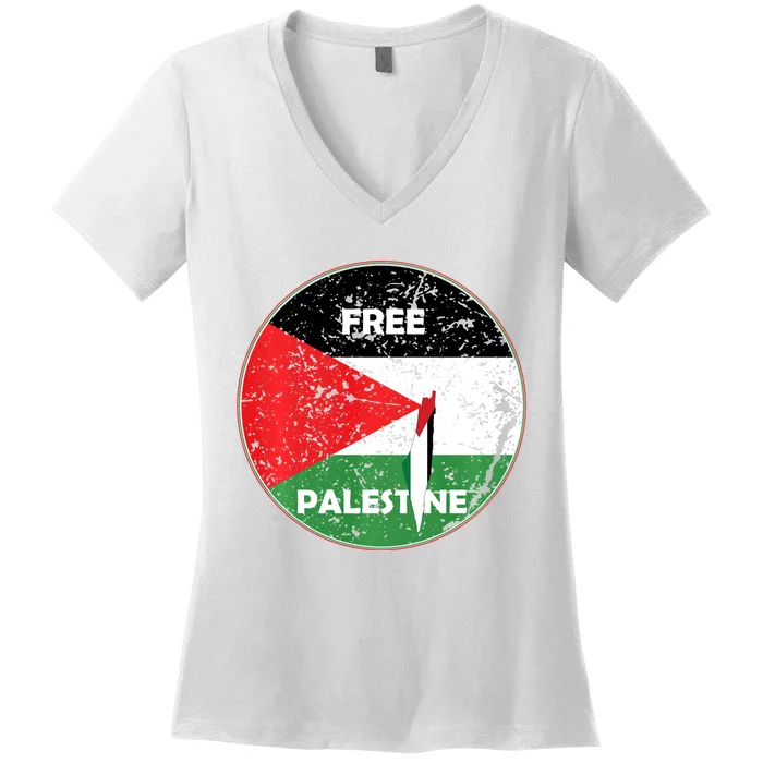 Palestine Flag And Map Vintage Distressed Free Palestine Women's V-Neck T-Shirt