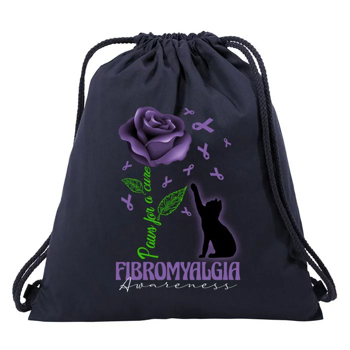 Paws For A Cure Fibromyalgia Awareness Day Black Cat And Rose Gift Drawstring Bag