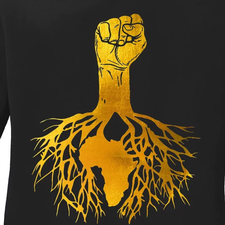 Power Fist Africa Roots Black History Pride Gold Silhouette Ladies Long Sleeve Shirt