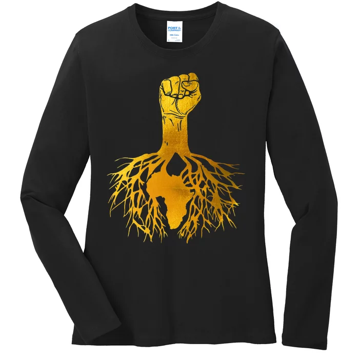 Power Fist Africa Roots Black History Pride Gold Silhouette Ladies Long Sleeve Shirt