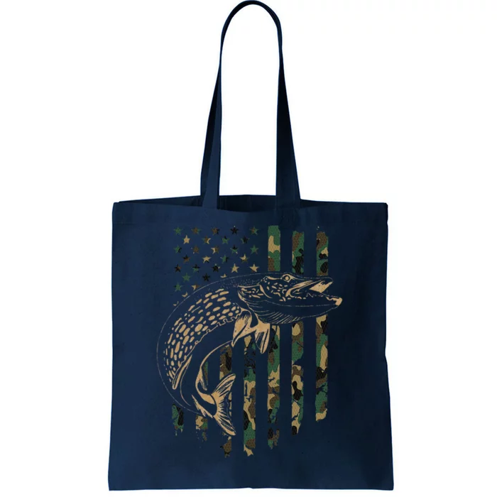 Pike Fishing American Flag Camouflage Muskie Fishing Camo Tote Bag