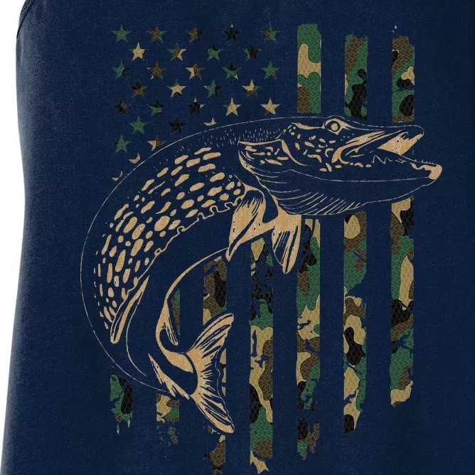 Pike Fishing American Flag Camouflage Muskie Fishing Camo Women's Racerback Tank