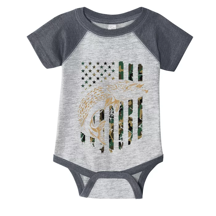 Pike Fishing American Flag Camouflage Muskie Fishing Camo Infant Baby Jersey Bodysuit