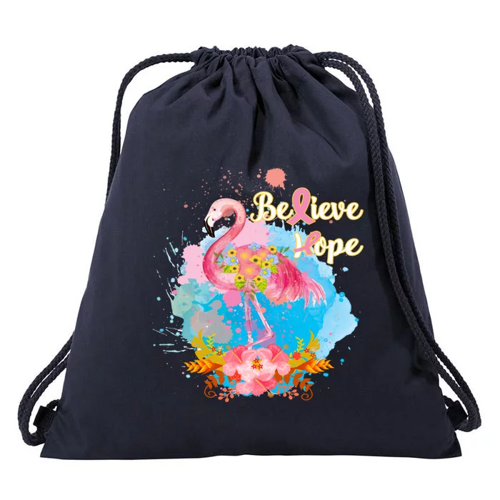 Pink Flamingo Believe Hope Breast Cancer Awareness Month Funny Gift Drawstring Bag