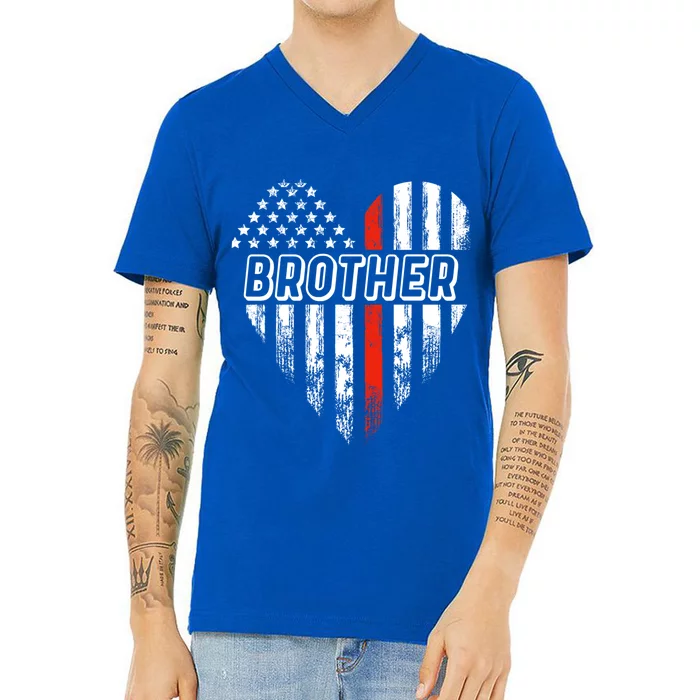 Proud Firefighter Brother American Flag Heart Gift V-Neck T-Shirt