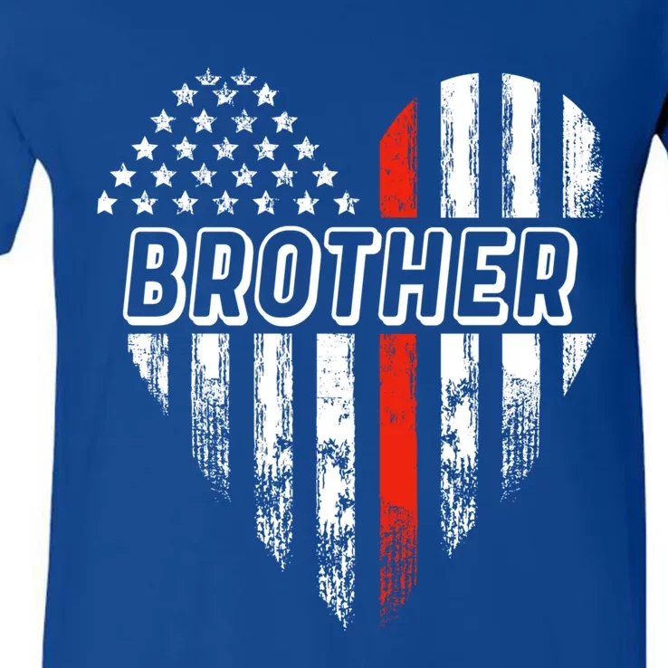 Proud Firefighter Brother American Flag Heart Gift V-Neck T-Shirt