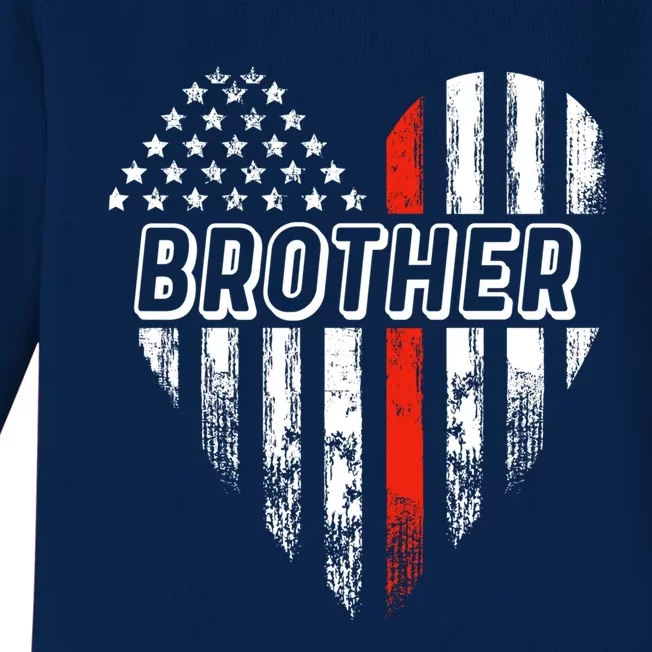 Proud Firefighter Brother American Flag Heart Gift Baby Long Sleeve Bodysuit