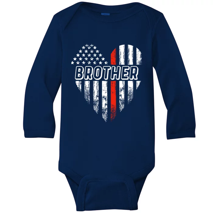 Proud Firefighter Brother American Flag Heart Gift Baby Long Sleeve Bodysuit