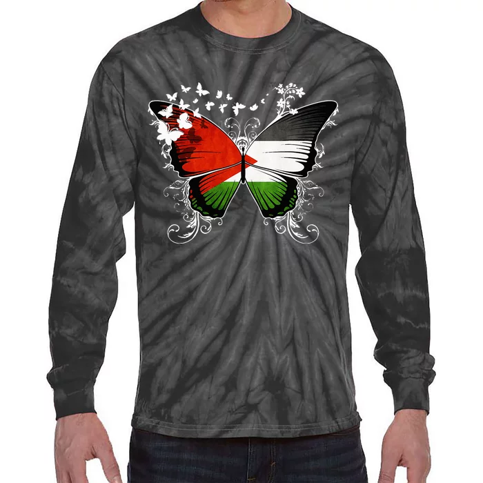 Palestine Flag Butterfly Tie-Dye Long Sleeve Shirt