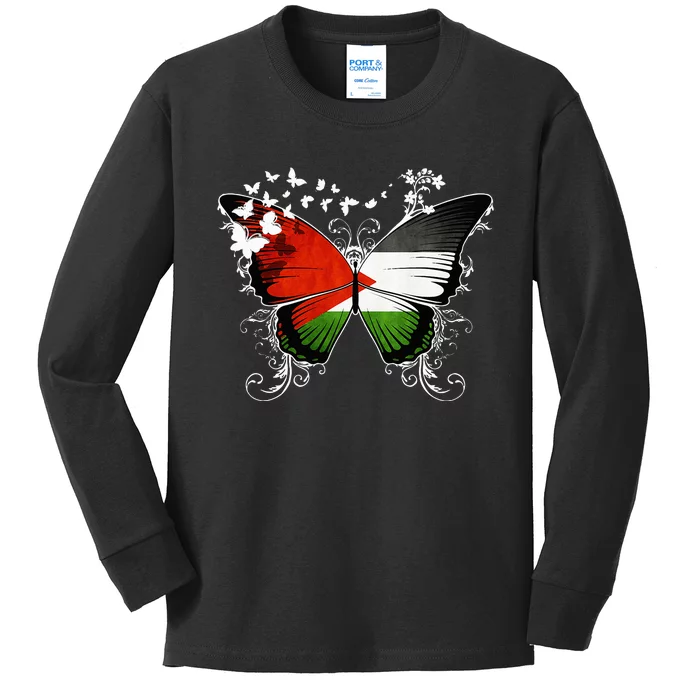 Palestine Flag Butterfly Kids Long Sleeve Shirt