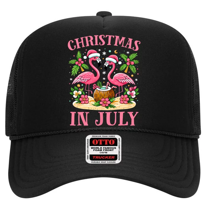 Pink Flamingo Christmas In July Beach Summer Vacation High Crown Mesh Trucker Hat