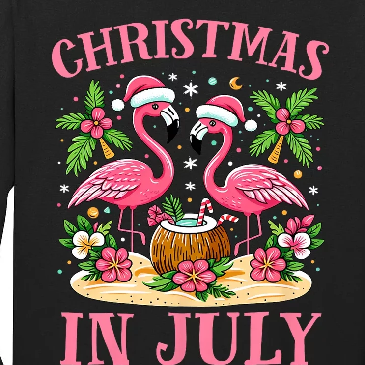 Pink Flamingo Christmas In July Beach Summer Vacation Tall Long Sleeve T-Shirt