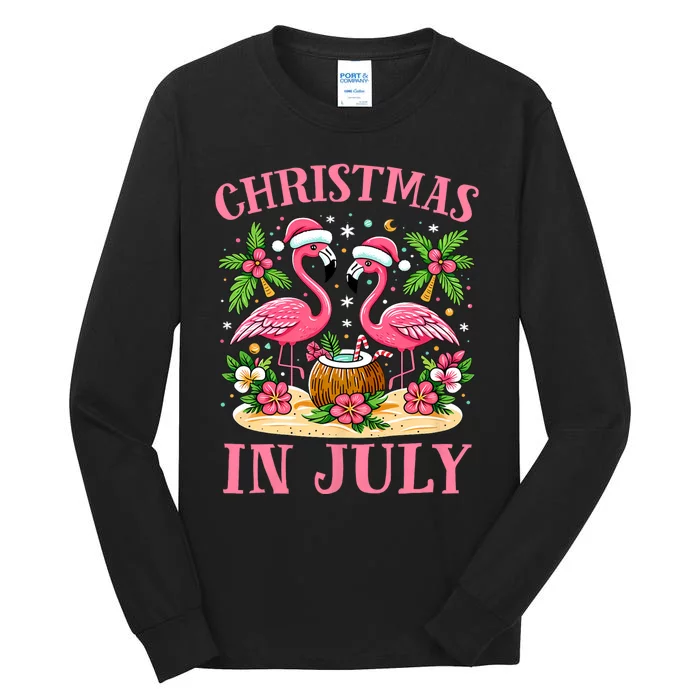 Pink Flamingo Christmas In July Beach Summer Vacation Tall Long Sleeve T-Shirt