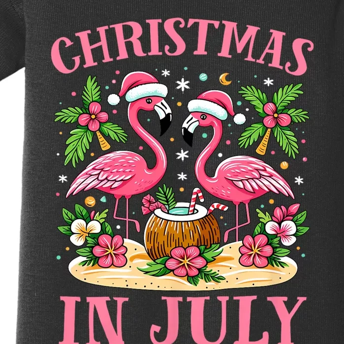 Pink Flamingo Christmas In July Beach Summer Vacation Baby Bodysuit