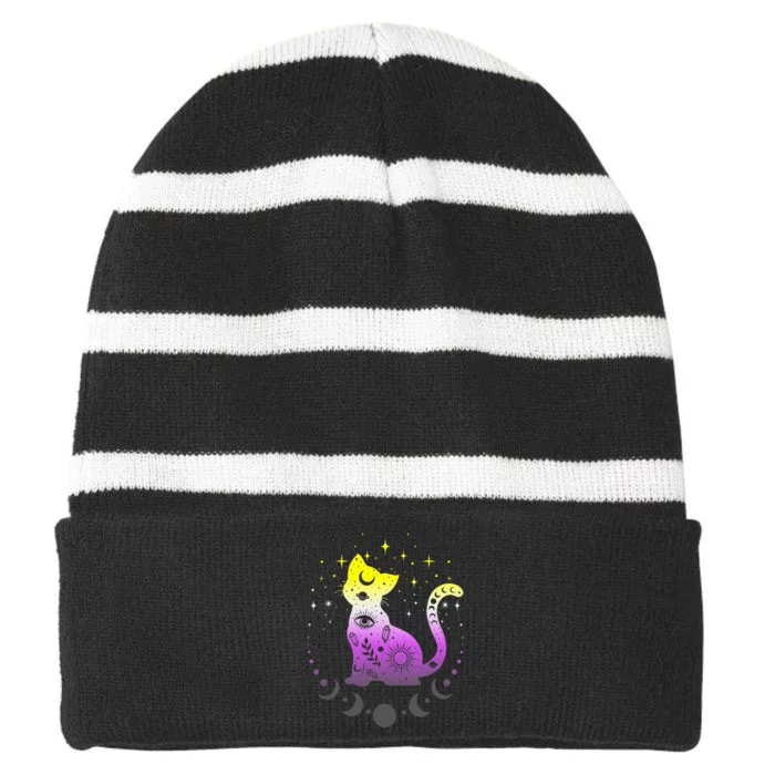 pride flag colors NonBinary astronomy cat Striped Beanie with Solid Band