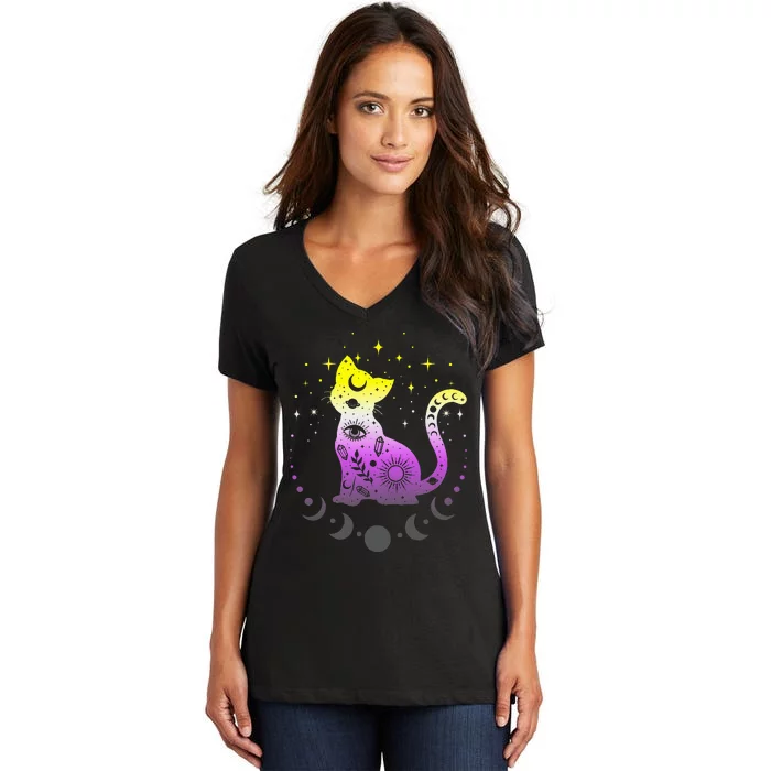 pride flag colors NonBinary astronomy cat Women's V-Neck T-Shirt