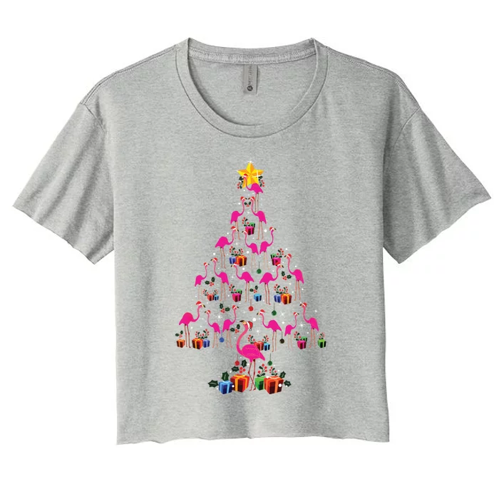 Pink Flamingo Christmas Tree Cute Flamingos Holiday Decor Women's Crop Top Tee