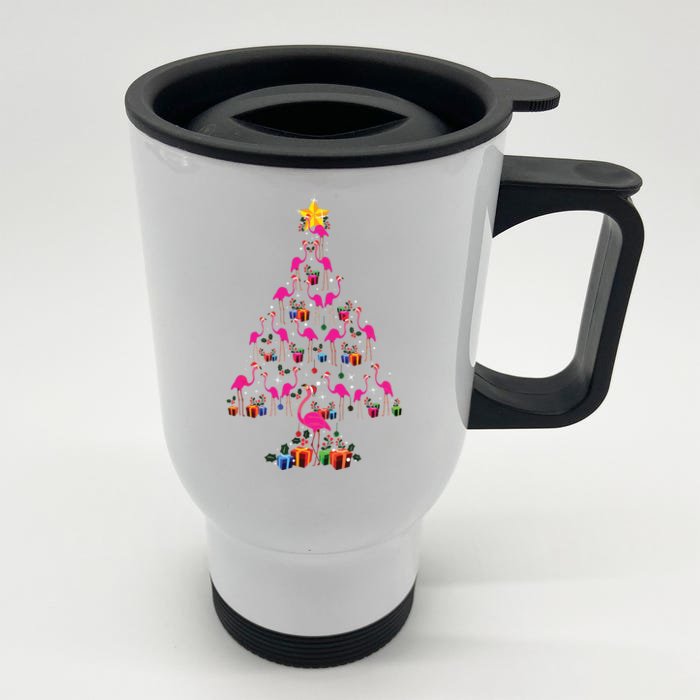 Pink Flamingo Christmas Tree Cute Flamingos Holiday Decor Front & Back Stainless Steel Travel Mug