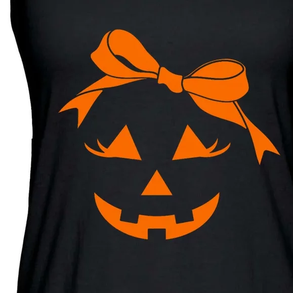 Pumpkin Face Coquette Bow Jack OLantern Fun Halloween Ladies Essential Flowy Tank