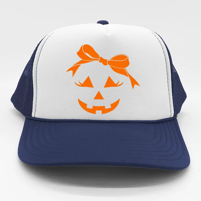 Pumpkin Face Coquette Bow Jack OLantern Fun Halloween Trucker Hat