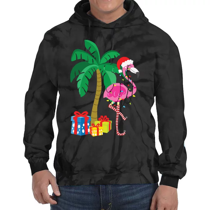 Pink Flamingo Christmas Palm Tree Tropical Xmas Funny Tie Dye Hoodie