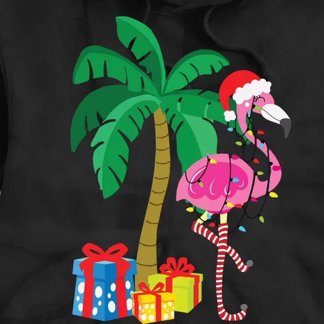 Pink Flamingo Christmas Palm Tree Tropical Xmas Funny Tie Dye Hoodie