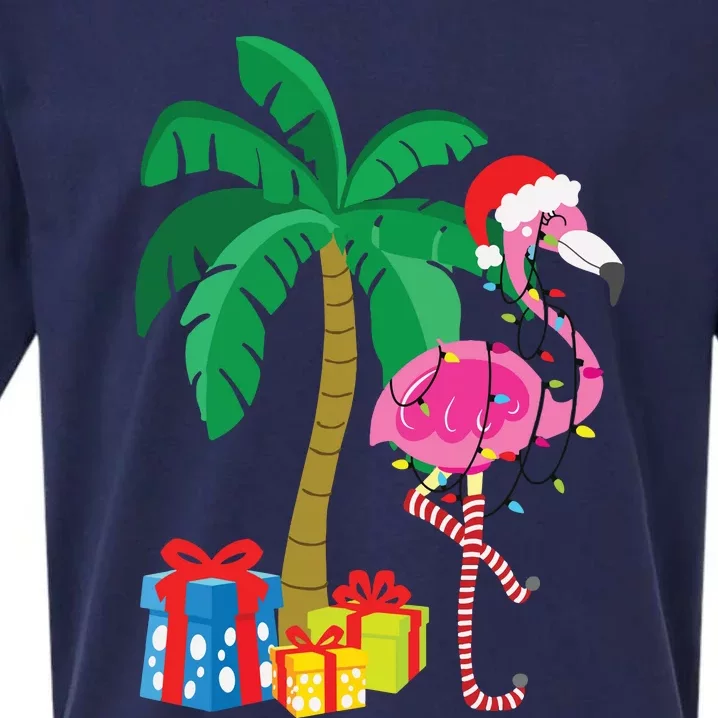 Pink Flamingo Christmas Palm Tree Tropical Xmas Funny Sueded Cloud Jersey T-Shirt