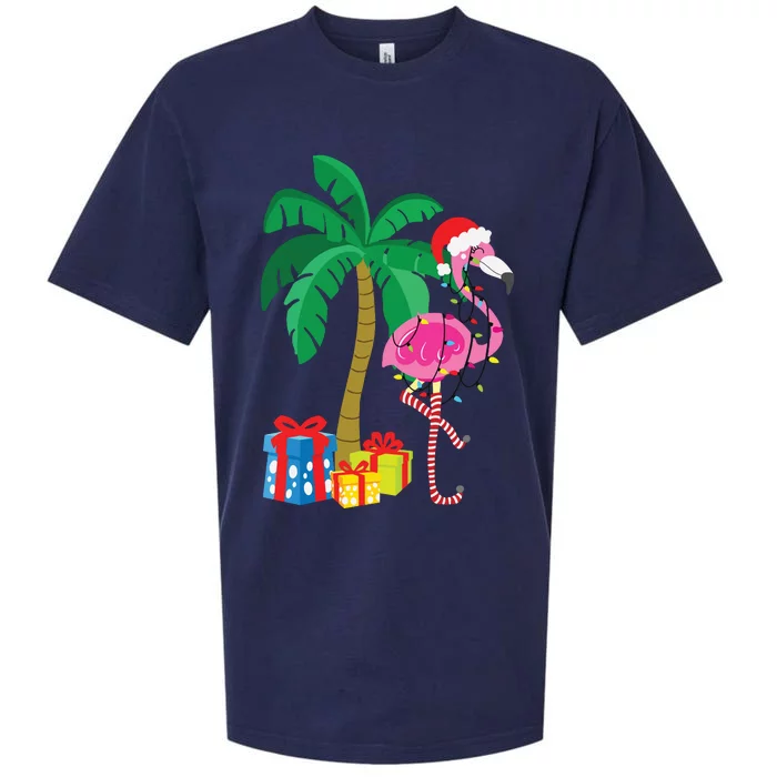 Pink Flamingo Christmas Palm Tree Tropical Xmas Funny Sueded Cloud Jersey T-Shirt