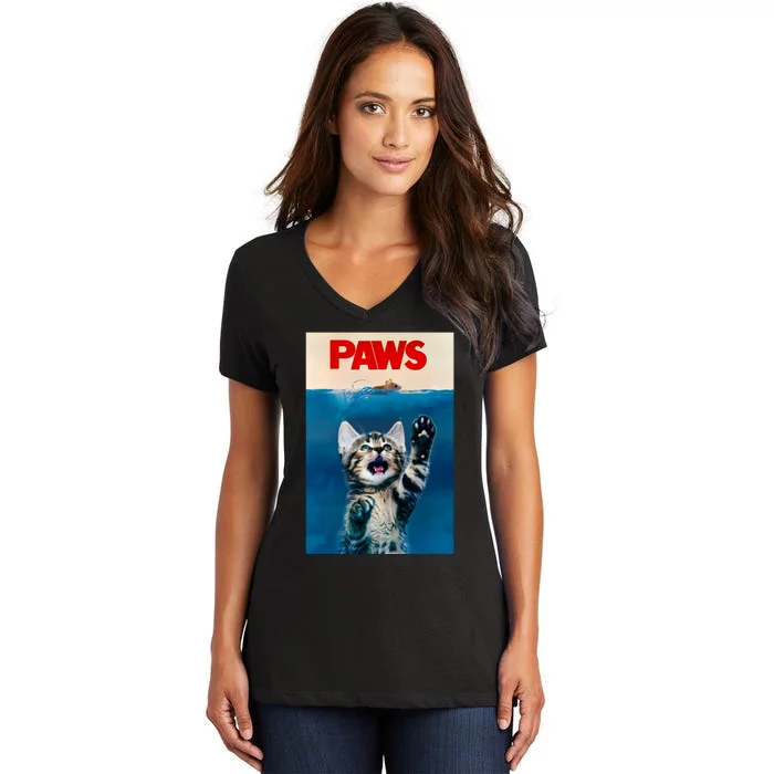 Paws Funny Cat Parody Cat Lover Gift Kitten Shark Mouse Meow Women's V-Neck T-Shirt