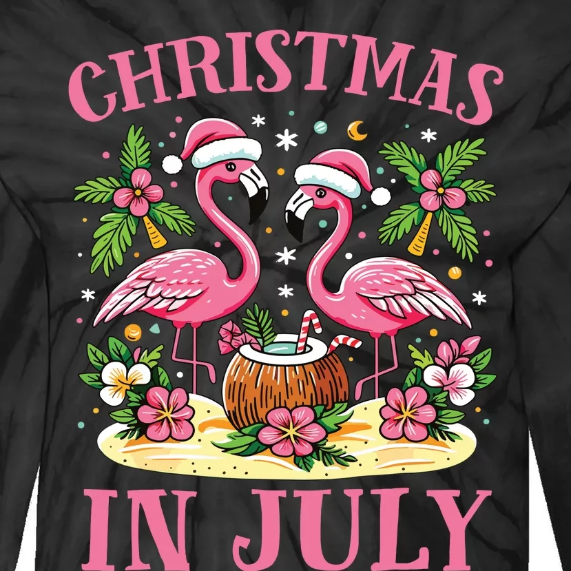 Pink Flamingo Christmas In July Beach Summer Vacation Tie-Dye Long Sleeve Shirt