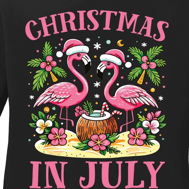 Pink Flamingo Christmas In July Beach Summer Vacation Ladies Long Sleeve Shirt