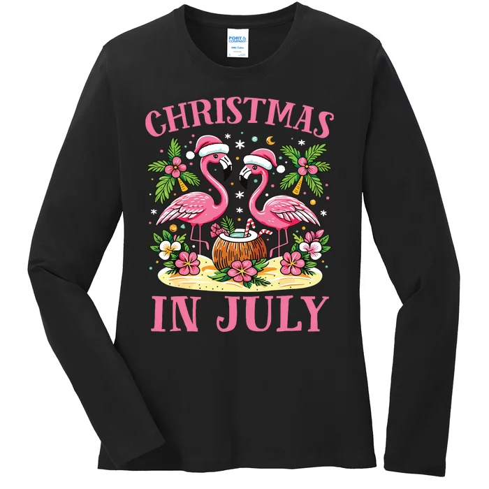 Pink Flamingo Christmas In July Beach Summer Vacation Ladies Long Sleeve Shirt