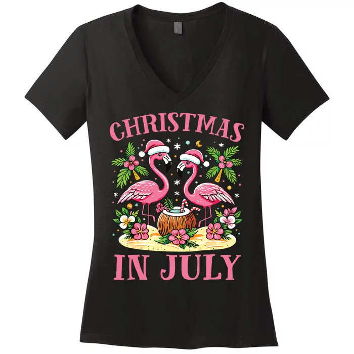 Pink Flamingo Christmas In July Beach Summer Vacation Women's V-Neck T-Shirt