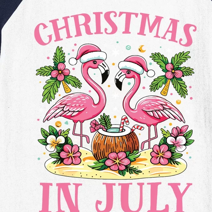 Pink Flamingo Christmas In July Beach Summer Vacation Baseball Sleeve Shirt