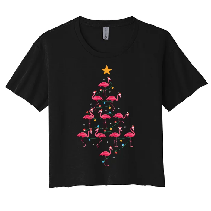 Pink Flamingo Christmas Tree Cute Flamingos Holiday Deco Women's Crop Top Tee