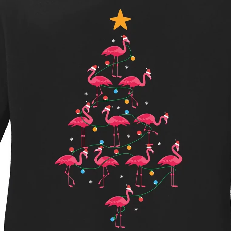 Pink Flamingo Christmas Tree Cute Flamingos Holiday Deco Ladies Long Sleeve Shirt