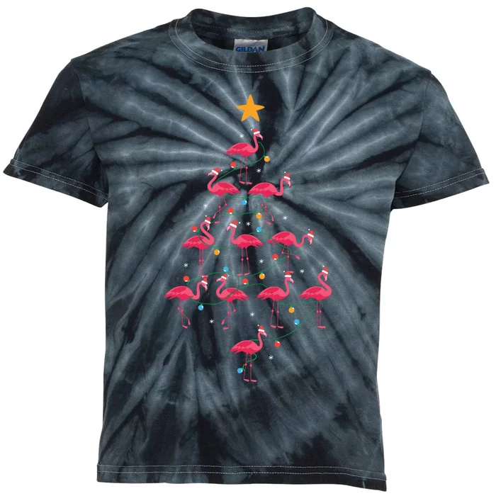 Pink Flamingo Christmas Tree Cute Flamingos Holiday Deco Kids Tie-Dye T-Shirt