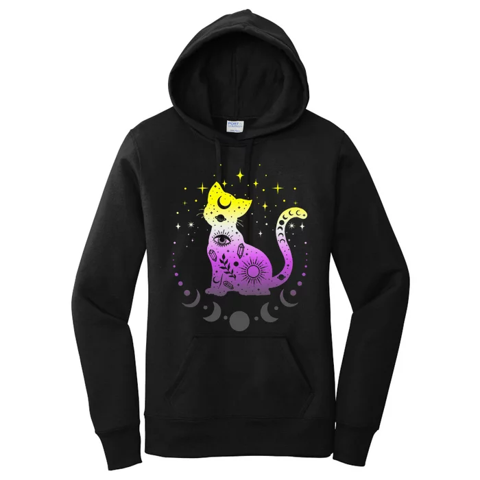 Pride Flag Colors N.O.N.B.I.N.A.R.Y Astronomy Cat Women's Pullover Hoodie