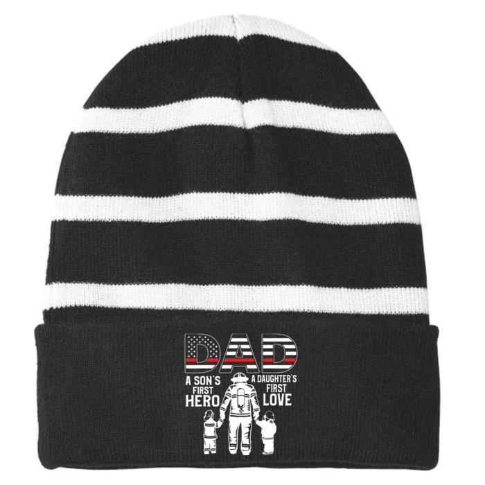 Proud Firefighter Dad Daddy Fireman Dad Fathers Day Men Striped Beanie with Solid Band