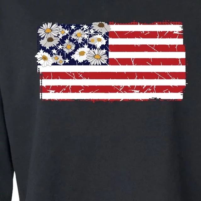 Patriotic Flag Distressed Flag & Daisies Cropped Pullover Crew