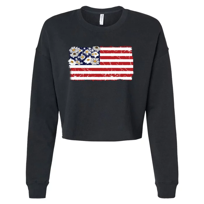 Patriotic Flag Distressed Flag & Daisies Cropped Pullover Crew