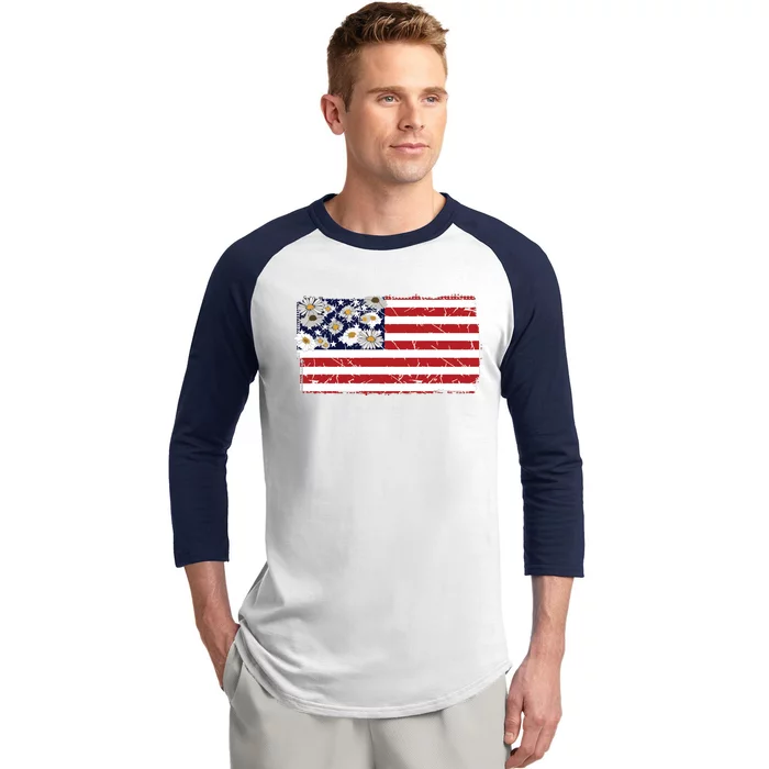 Patriotic Flag Distressed Flag & Daisies Baseball Sleeve Shirt