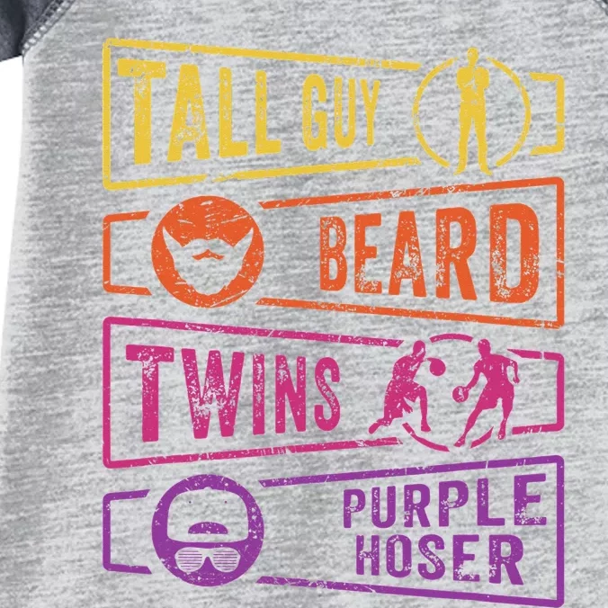 Perfect for dude TALL GUY BEARD TWINS PURPLE HOSER Infant Baby Jersey Bodysuit