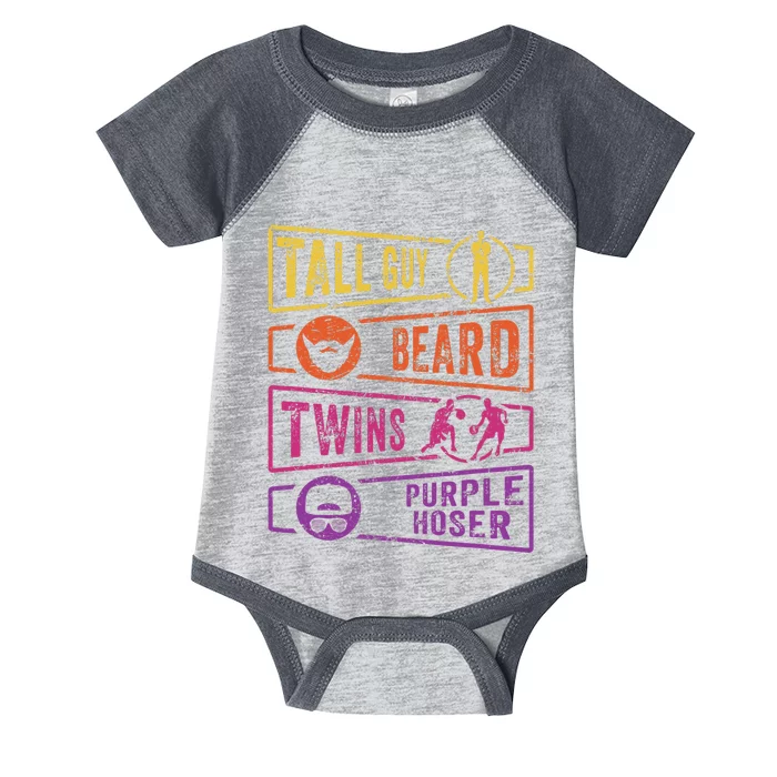 Perfect for dude TALL GUY BEARD TWINS PURPLE HOSER Infant Baby Jersey Bodysuit