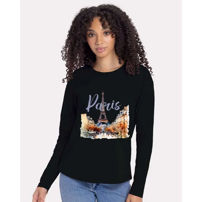 Paris France Eiffel Tower Watercolor Womens Cotton Relaxed Long Sleeve T-Shirt