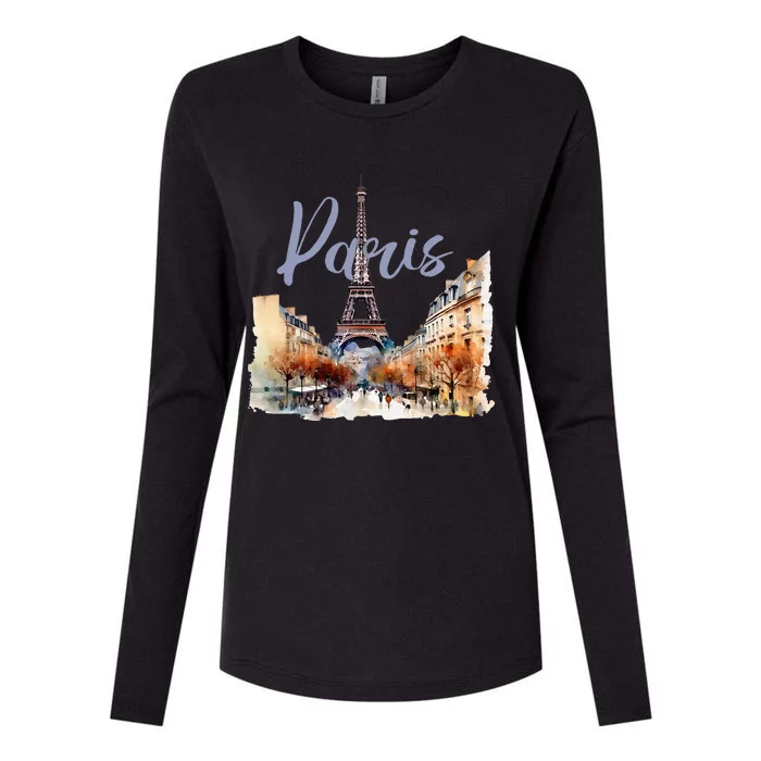 Paris France Eiffel Tower Watercolor Womens Cotton Relaxed Long Sleeve T-Shirt